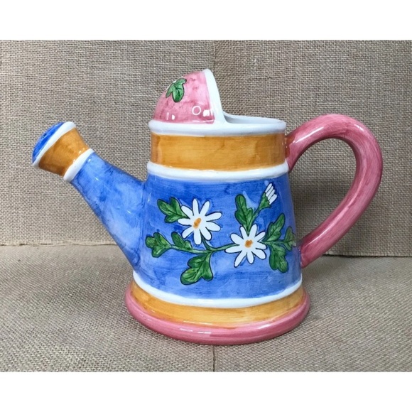 Floral Ceramic Watering Can Planter Hand Painted Spring Happiness Whimsical - Picture 1 of 9